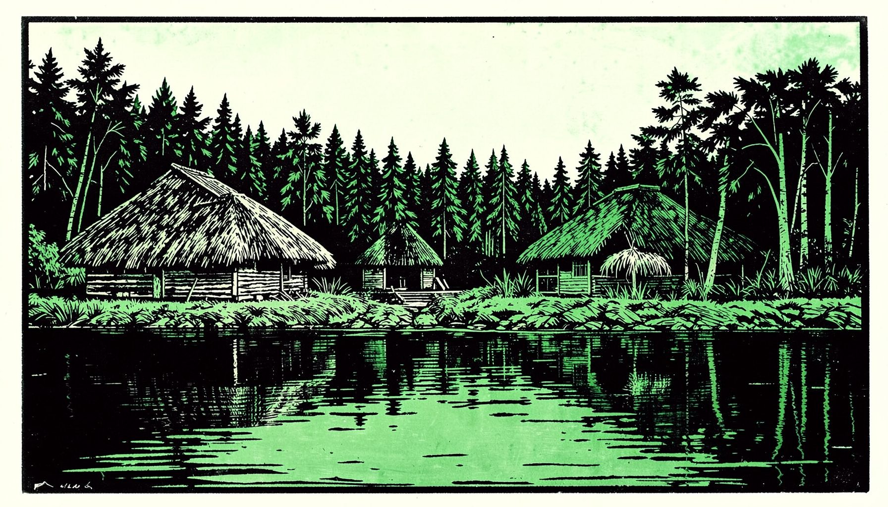 Linocut print of thatched-roof cabins on a forested peninsula beside a glassy blackwater lake, with green reflections and soft morning light