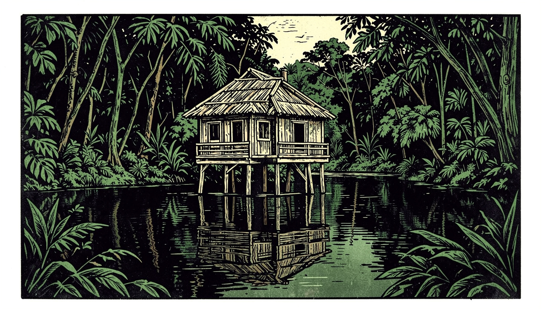 Linocut print of a wooden lodge on stilts reflected in a dark calm lake, surrounded by dense rainforest foliage in deep greens