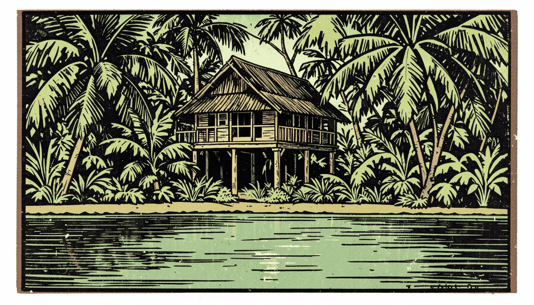 Linocut print of a stilted lodge building peeking through layered tropical foliage, with a calm lake in the foreground in muted greens and browns