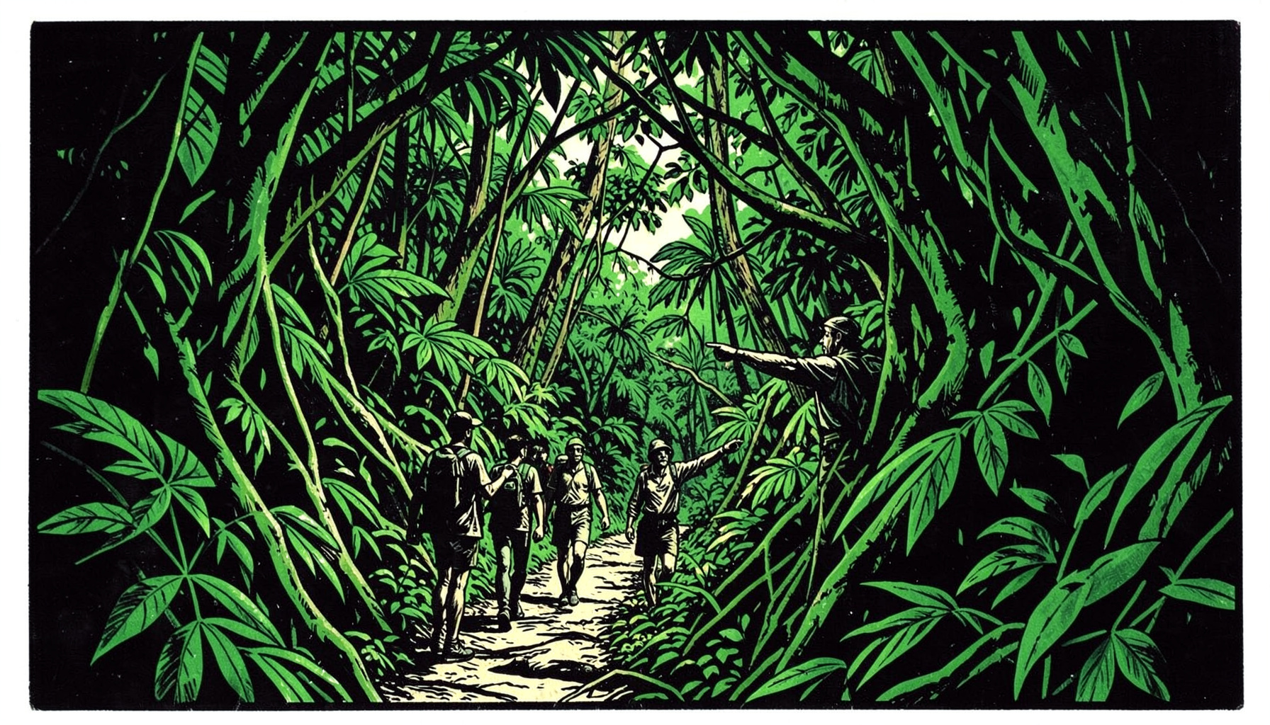 Linocut print of hikers on a narrow jungle trail with a guide pointing toward the canopy, dappled light filtering through foliage in layered greens.