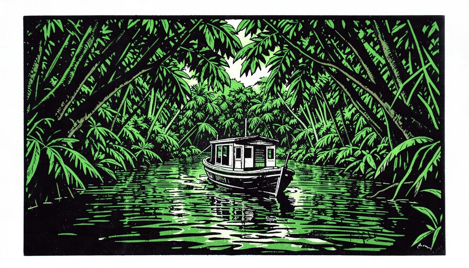 Linocut print of a small riverboat gliding along a narrow jungle waterway, dense green canopy arching overhead, water reflecting the foliage