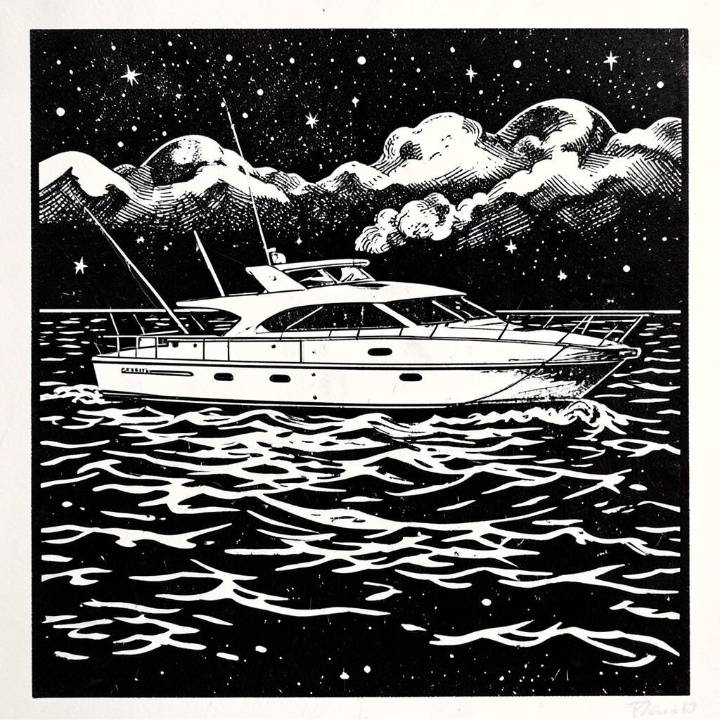 Linocut relief print of a first-class expedition ship anchored near a rocky Galapagos shoreline.