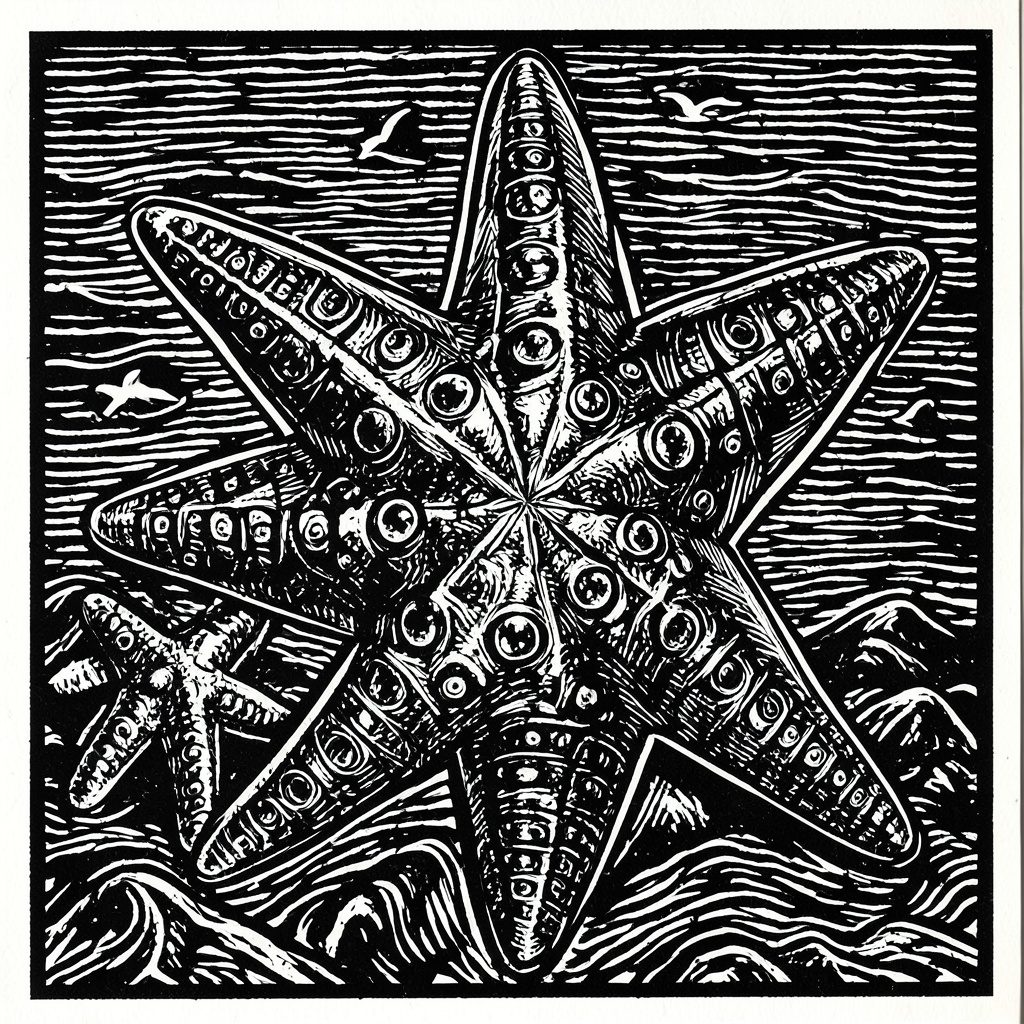 Linocut relief print of a small charter yacht at sunset with silhouetted frigate birds overhead.