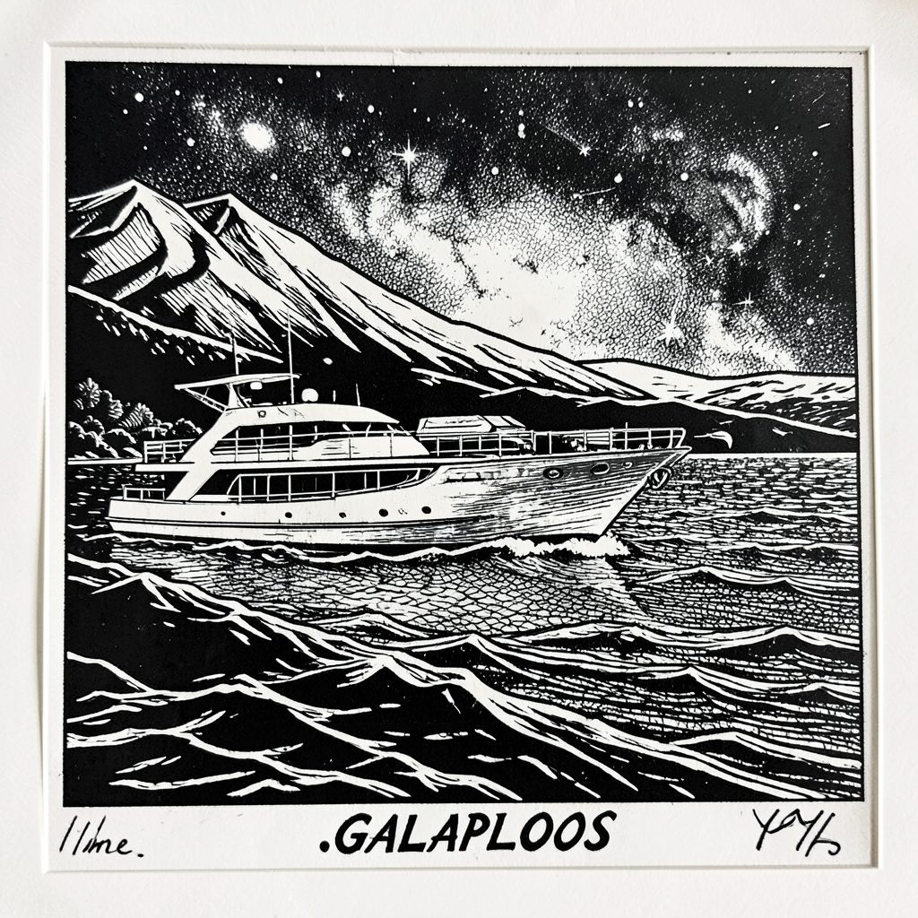 Linocut relief print of a luxury yacht cruising past volcanic Galapagos islands under a warm sky.