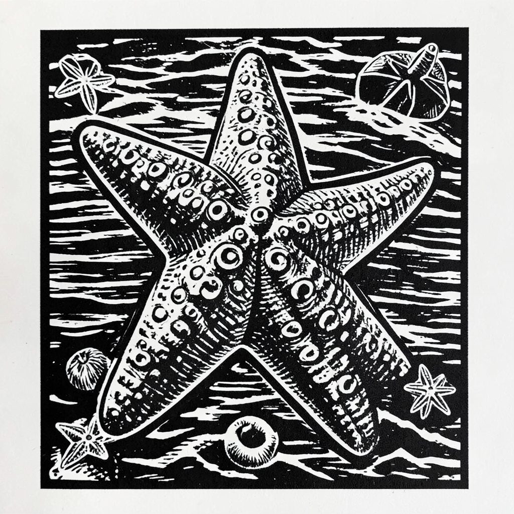 Linocut relief print of a mid-range Galapagos cruise boat with passengers watching sea lions on a sandy beach.